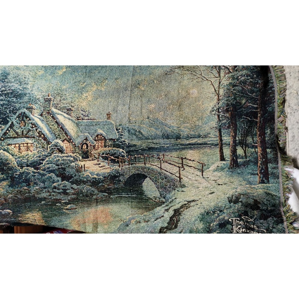 Thomas Kinkade Winter Cottage Tapestry Throw Blanket Snowy Village‎